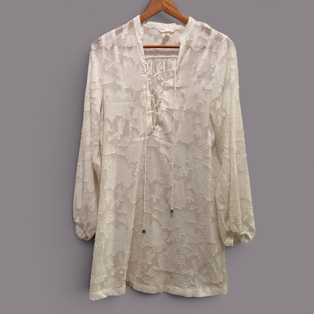 H&M Sheer Lace Swim Cover Size M Long Sleeve Overlay White Floral Beach Vacation